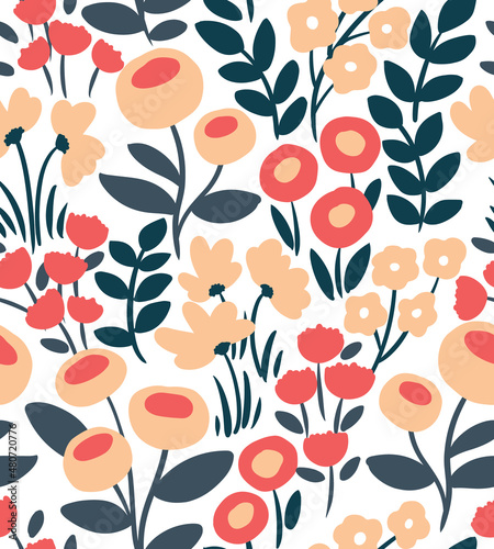 Seamless pattern with simple flowers, leaves, grass on a white background. Cute floral print with small pink flowers. Modern cartoon style flower cover design. Vector.