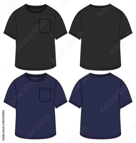 Black and navy color Short sleeve Basic T shirt overall technical fashion flat sketch vector illustration template front and back views. Apparel clothing mock up for men's and boys. 