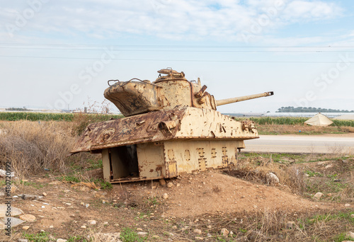Destroyed Israeli tank is after the Yom Kippur War near Mehola village in the Palestinian territory in Israel