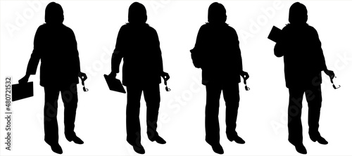 The woman holds glasses, a document, a tablet, a gadget in her hands. Business lady in a business suit with glasses, a folder with documents. Woman slowly raises up eyeglasses, a folder with her hand.