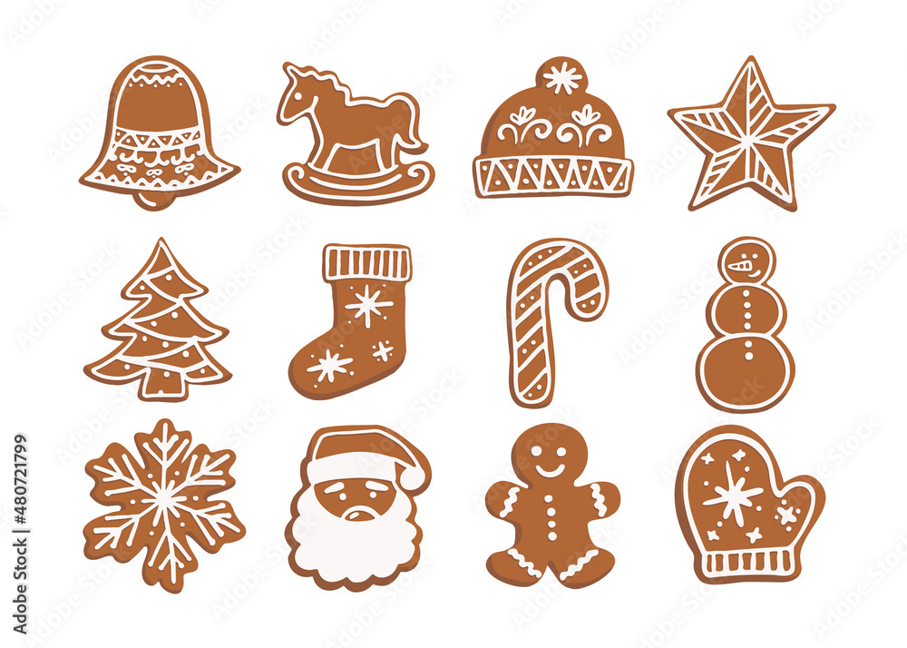 Set of isolated gingerbread cookies with white icing in the shape of a man, star, spruce, santa, snowman, lollipop, bell, horse, hat, sock, snowflake, mitten. Set of isolated gingerbread cookies with white icing in the shape of a man, star, spruce, santa, snowman, lollipop, bell, horse, hat, sock, snowflake, mitten.