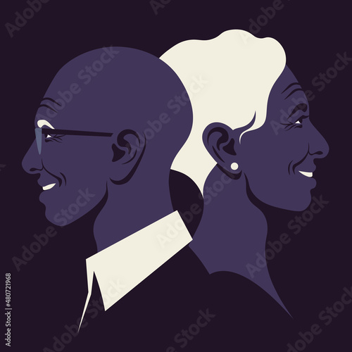 African elderly couple. Love and dating. Family relationship. The old lovers in the profile. Valentine’s day. Vector flat illustration