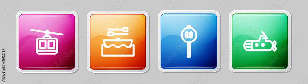 Set line Cable car, Boat with oars, Speed limit traffic and Submarine. Colorful square button. Vector Set line Cable car, Boat with oars, Speed limit traffic and Submarine. Colorful square button. Vector