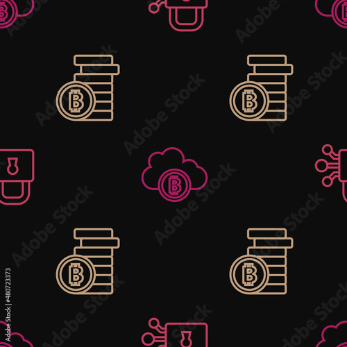Set line Lock with bitcoin, Bitcoin and Cryptocurrency cloud mining on seamless pattern. Vector