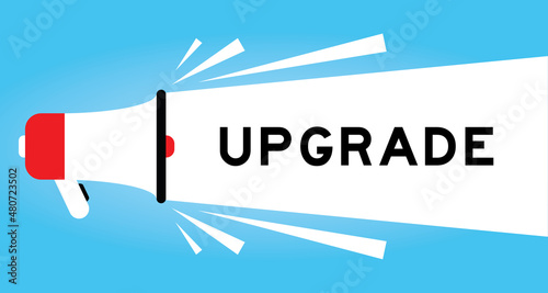 Color megphone icon with word upgrade in white banner on blue background