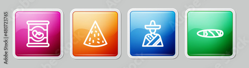 Set line Beans in can, Nachos, Mexican man sombrero and Cigar. Colorful square button. Vector