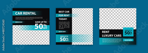 Social media post template for automotive car rental service. Banner vector for social media ads, web ads, business messages, discount flyers and big sale banners.