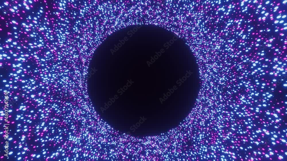 Flowing particles. Glowing dots move from a circle with space for text or product.