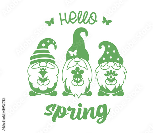 Spring gnomes silhouette with flowers and quote Hello spring. Spring sign, emblem or badge.