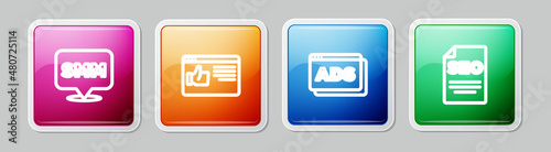 Set line Social media marketing, Browser window, Advertising and SEO optimization. Colorful square button. Vector