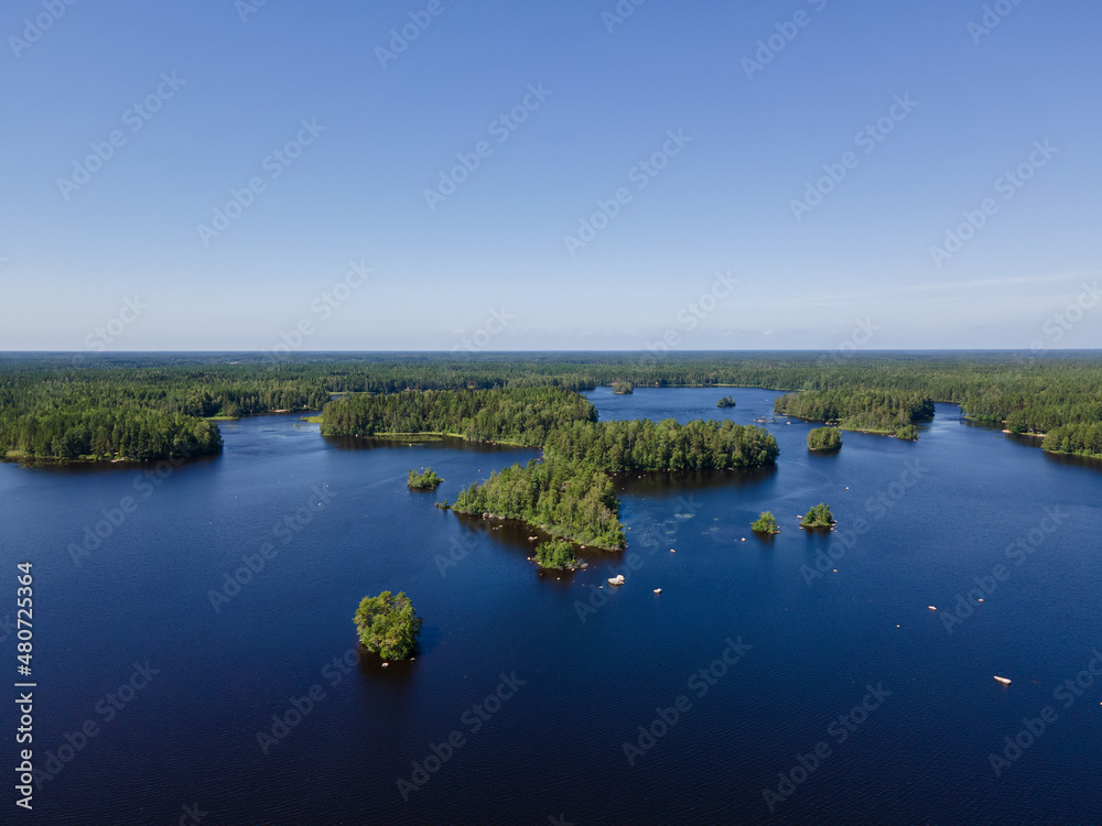 Aerial view of blue lakes and green forests on a sunny summer day in Finland. Drone photography. Ecosystem and healthy environment concepts and background...