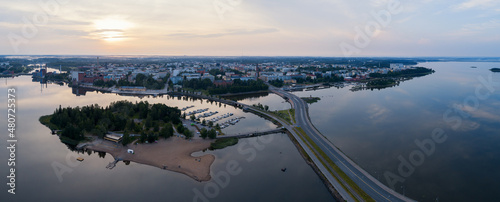 Beautiful summer cityscape view of Finnish town Vaasa. Early morning. Sunrise time. photo