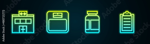 Set line Gym building, Bathroom scales, Sports nutrition and training program. Glowing neon icon. Vector