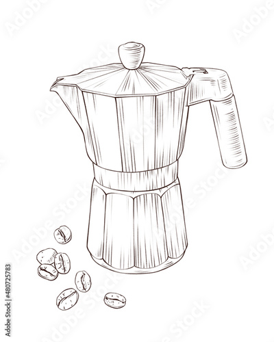 Hand drawn pencil sketch of moka pot and coffee beans photo