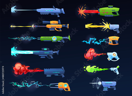 Shooting futuristic weapon collection vector flat illustration. Deadly spraying scientific blasters
