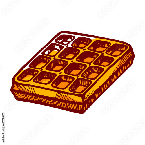 Square Belgian waffle isometric vector engraved illustration. Sweet ornamental wafer dessert