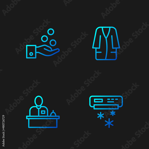 Set line Air conditioner, Hotel reception desk, Paying tips and Bathrobe. Gradient color icons. Vector