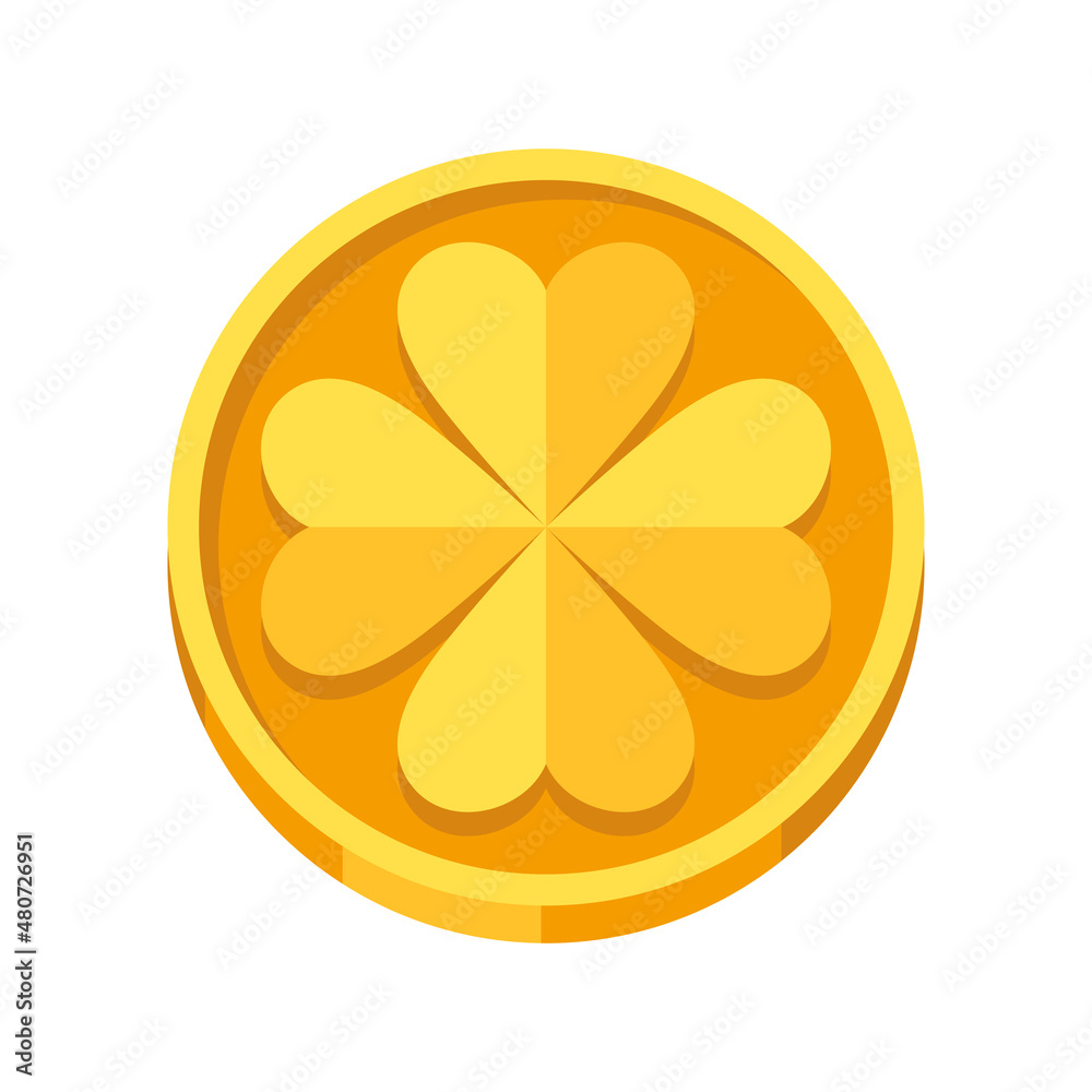 Illustration of gold coin with clower. Saint Patricks Day illustration. Festive national icon.