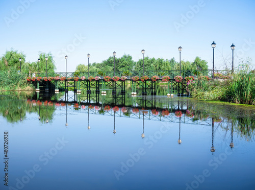 Scenic view with with a bridge reflecting in the water over Comana lake part of Comana Natural Park, located near Bucharest, Romania. photo