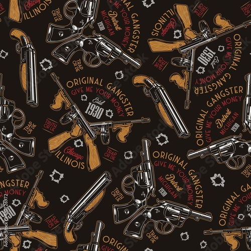 Various guns seamless pattern with inscriptions