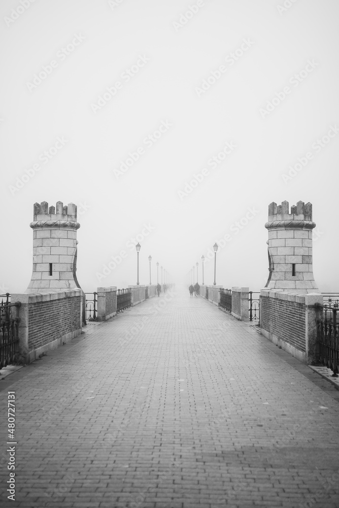 Puerta palma towers in badajoz a foggy day with black and white style, city of badajoz extremadura spain tourism travel