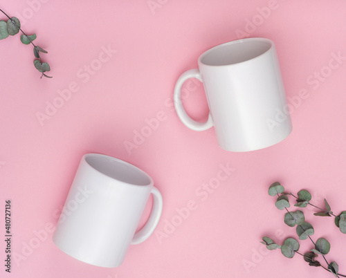 Mockup two white coffe cup or mug on a pink background with copy space. Blank template for your design, branding, business. Real photo. Eucalyptus branches flat lay