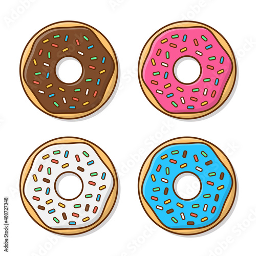 Set Of Tasty Donuts With Glaze Vector Icon Illustration. Cute, Colorful And Glossy Donuts With Glaze And Powder