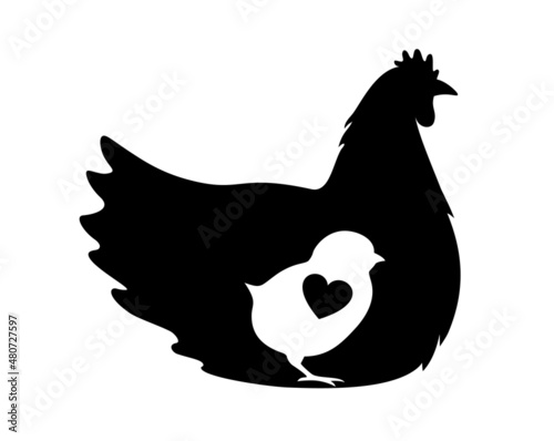 Hen and chick silhouette. Farm sign, logo, emblem or badge. Mom chicken vector illustration. Chicken farm symbol.