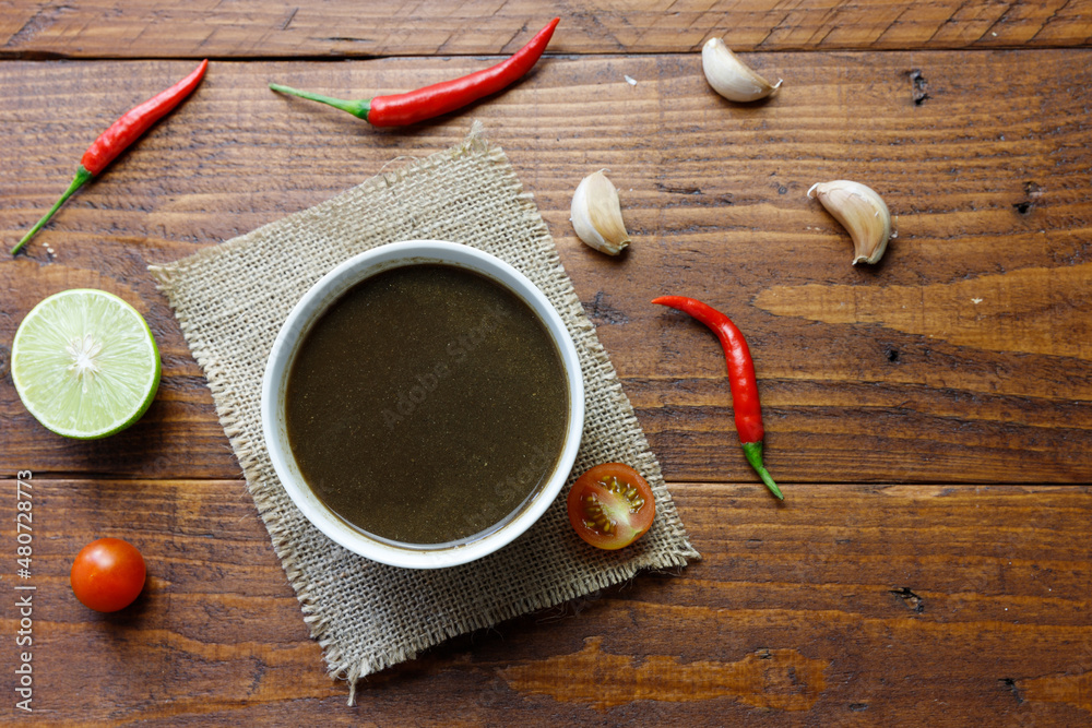 Boiled Fermented Fish sauce or Pickled fish sauce, Traditional thai food preserved name in thai