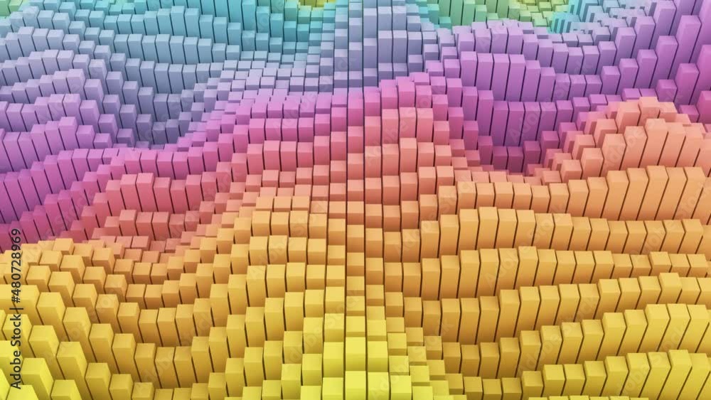 3d Animation of rainbow waves made by moving cubic boxes, geometric colorful voxel abstract 4k looping background
