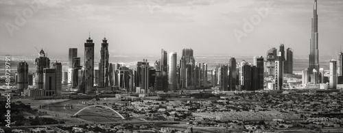 Downtown Dubai aerial panoramic view from helicopter  UAE.
