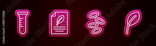 Set line Test tube and flask, Eco paper with leaf, Hemoglobin and Leaf or leaves. Glowing neon icon. Vector