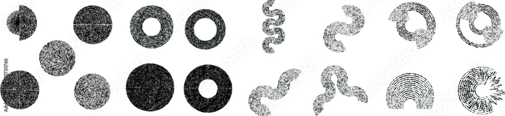 Big set of lines in Circle Form . Spiral Vector Illustration .Big collection of round Logos . Rouhgen edges . Abstract Geometric circular shapes .Rotating radial lines collection. Concentric circles