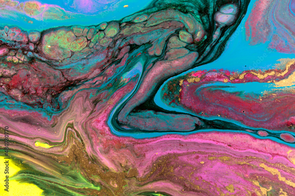 Naklejka premium Abstract fluorescent ink liquid mix with gold dust.