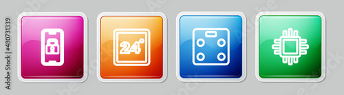 Set line Digital door lock, Thermostat, Smart bathroom scales and Processor with CPU. Colorful square button. Vector