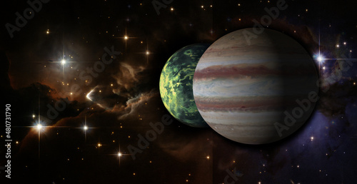 Fototapeta Naklejka Na Ścianę i Meble -  Jupiter planet and one of its moon in space. Elements of this image furnished by NASA.