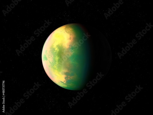 Distant planet in outer space. Rocky exoplanet similar to Earth. Science fiction cosmos
