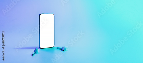 Mockup app. Mobile smartphone technology blank screen. Mock up smart phone device, audio headphones equipment on neon gradient banner. Game design, mobile application presentation, portfolio mockups.