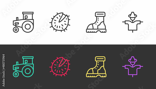 Set line Tractor, Chestnut, Waterproof rubber boot and Scarecrow on black and white. Vector