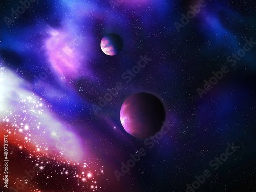 Fototapeta Naklejka Na Ścianę i Meble -  Amazing cosmos in vibrant tones. Alien planets and interstellar nebula. Exoplanets in colorful space with stardust and cluster of stars 
