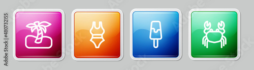 Set line Tropical palm tree, Swimsuit, Ice cream and Crab. Colorful square button. Vector