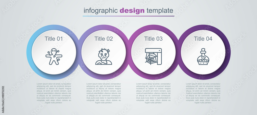 Set line Voodoo doll, Zombie mask, Spider web and Bottle with potion. Business infographic template. Vector