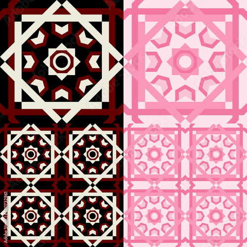 4in1 seamless pattern designed from geometric shapes. Use it as a background, shirt pattern, and make patterns on things. Pink, white, black, red and white. photo