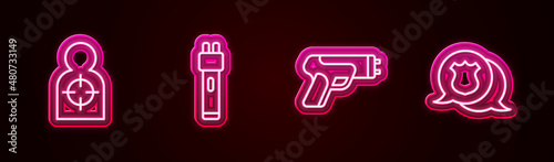 Set line Human target sport for shooting, Police electric shocker, and badge. Glowing neon icon. Vector