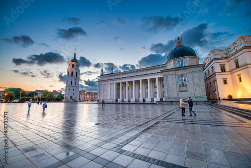 Fotobehang VILNIUS, LITHUANIA - JULY 9, 2017: Main landmarks and buildings at sunset in Cathedral Square