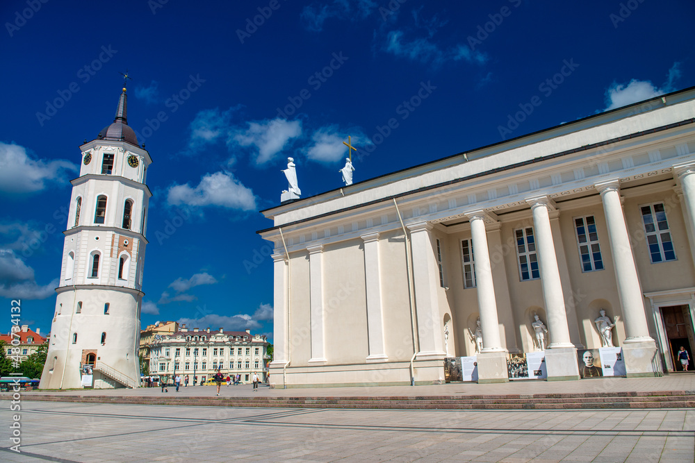 VILNIUS, LITHUANIA - JULY 10, 2017: Tourists in Cathedral Square on a clear sunny day.