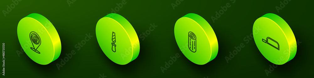 Set Isometric line Wooden logs, Rasp metal file, and Hacksaw icon. Vector Set Isometric line Wooden logs, Rasp metal file, and Hacksaw icon. Vector