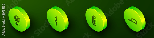 Set Isometric line Wooden logs, Rasp metal file, and Hacksaw icon. Vector