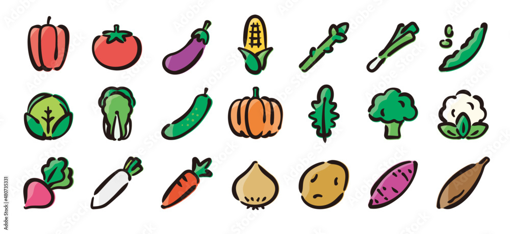 Vegetable icon set for graphic (Hand-drawn line, colored version) Vegetable icon set for graphic (Hand-drawn line, colored version)