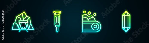 Set line Mine entrance, Construction jackhammer, Conveyor belt carrying coal and Gem stone. Glowing neon icon. Vector